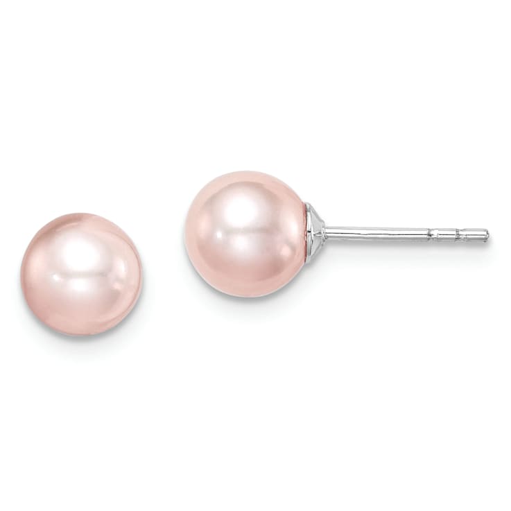 Rhodium Over Sterling Silver 6-7mm Pink Round FWC Pearl Stud Earrings