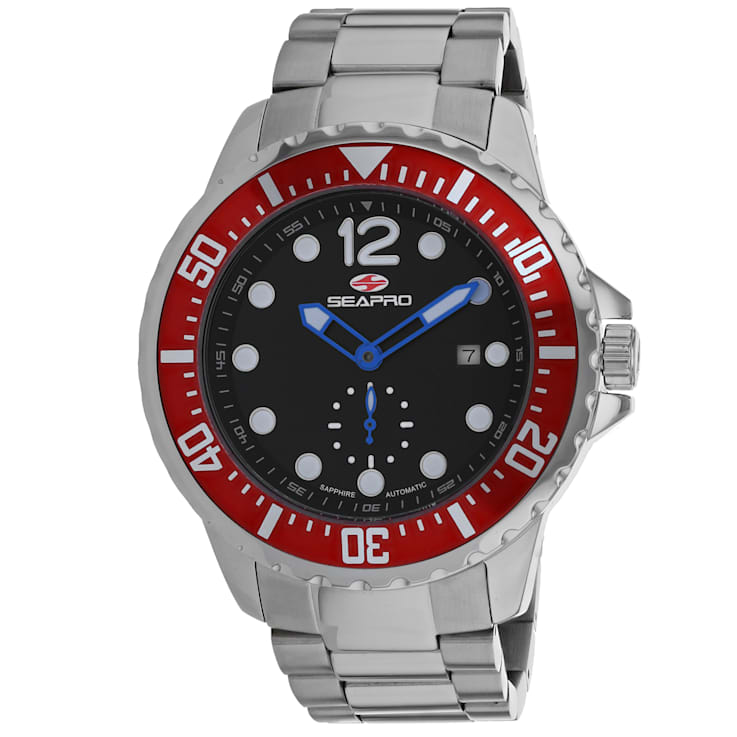 Seapro Men's Colossal Black Dial, Red Bezel, Stainless Steel Watch
