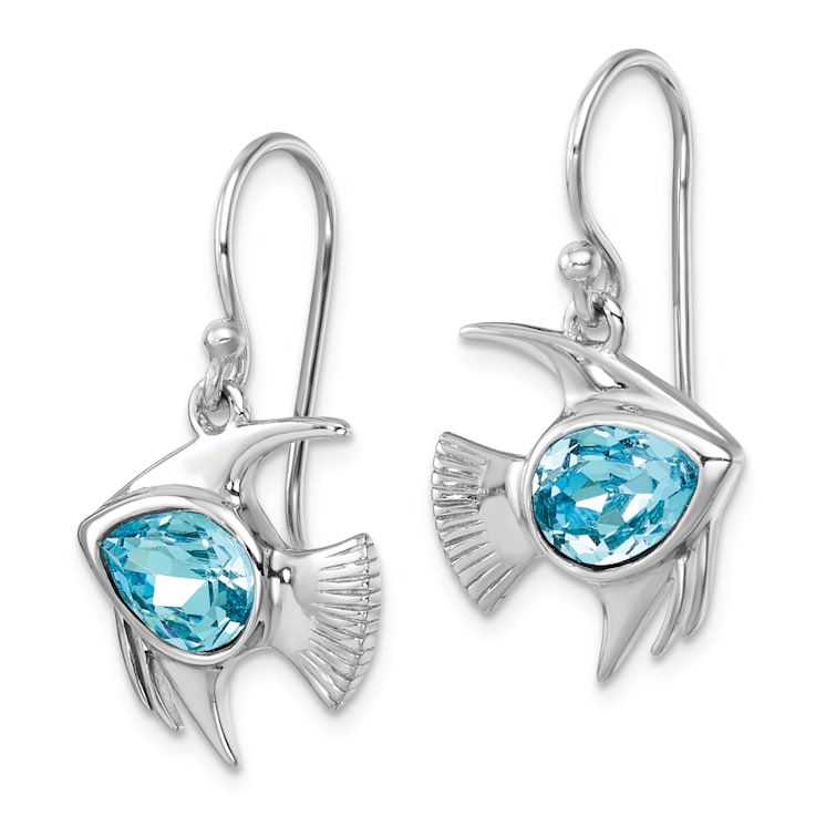 Rhodium Over Sterling Silver Polished Blue Crystal Angel Fish Dangle Earrings