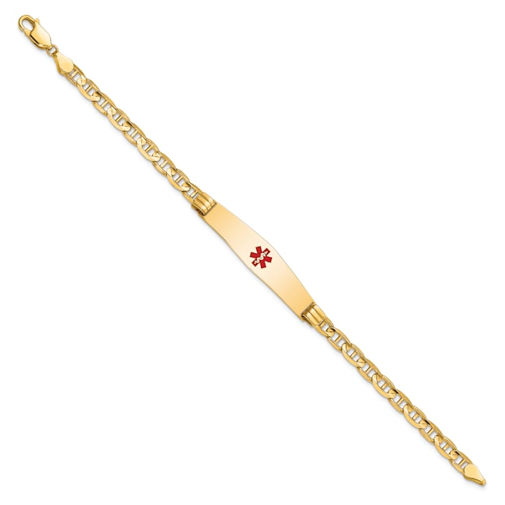 14k Yellow Gold Medical Soft Diamond Shape Red Enamel Mariner Link ID Bracelet
