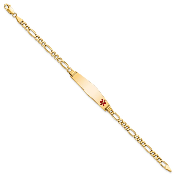 14k Yellow Gold Medical Soft Diamond Shape Red Enamel Figaro Link ID Bracelet