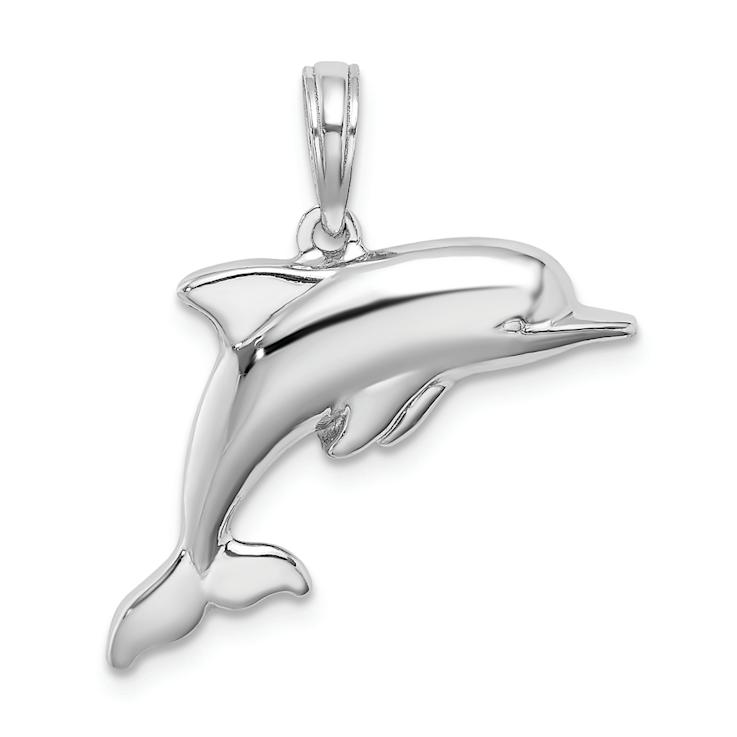 Rhodium Over 14k White Gold 3D Puffed Dolphin Pendant