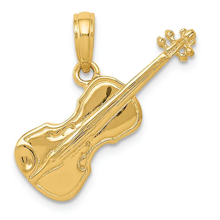 14k Yellow Gold Polished and Textured Solid 3D Violin Pendant