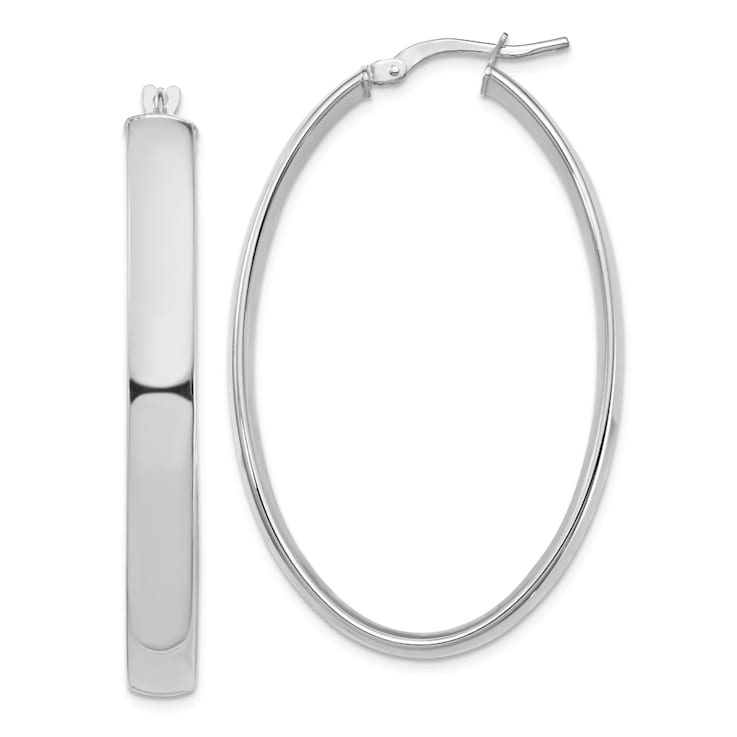 Rhodium Over 14k White Gold 1 3/4" High Polished Oval Hoop Earrings