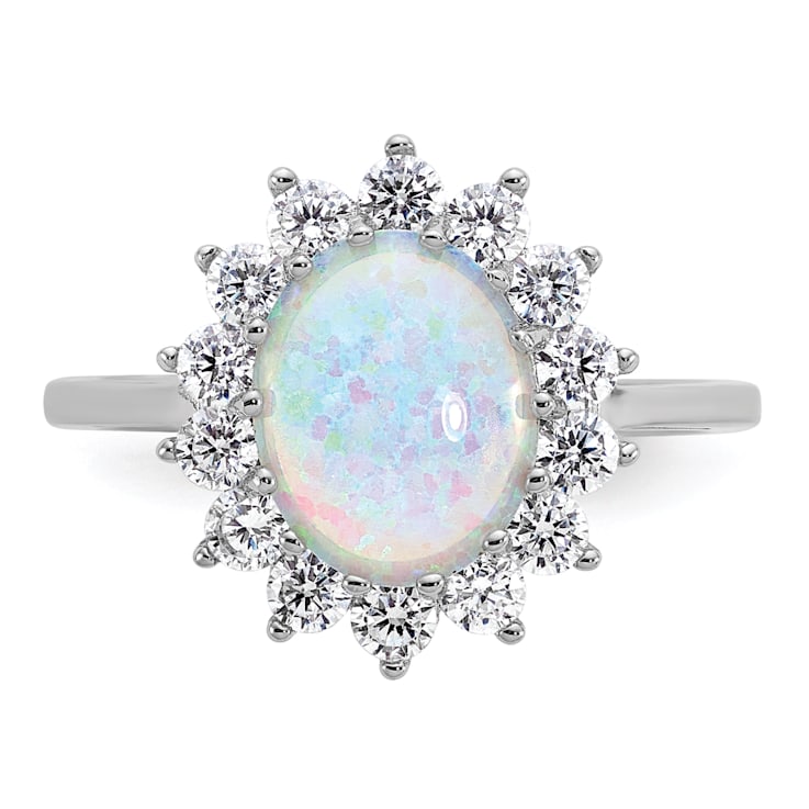 Rhodium Over Sterling Silver Lab Created Opal and Cubic Zirconia Oval
Halo Ring