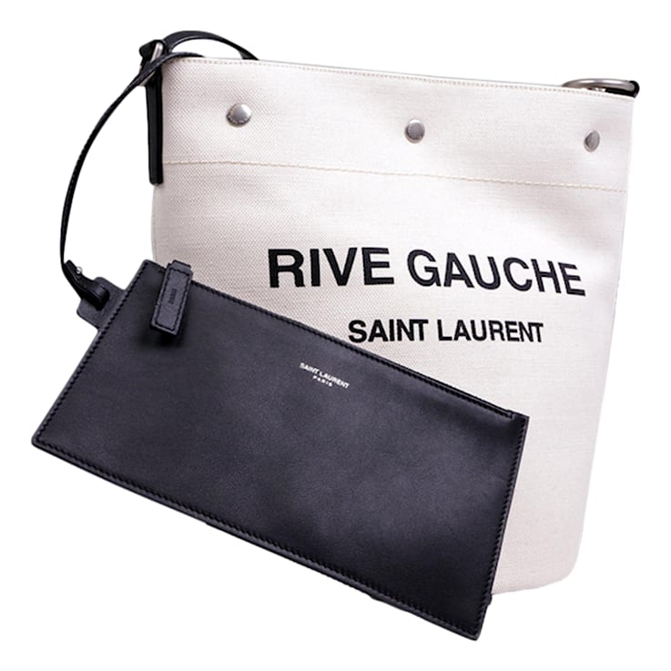 Saint Laurent Rive Gauche Black Leather Trim Linen Bucket