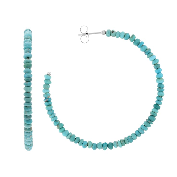 Turquoise Rondelle Rhodium Over Sterling Silver Hoop Earrings 2-4mm