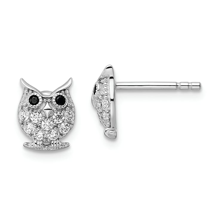 Rhodium Over Sterling Silver Black and White Cubic Zirconia Owl Post Earrings