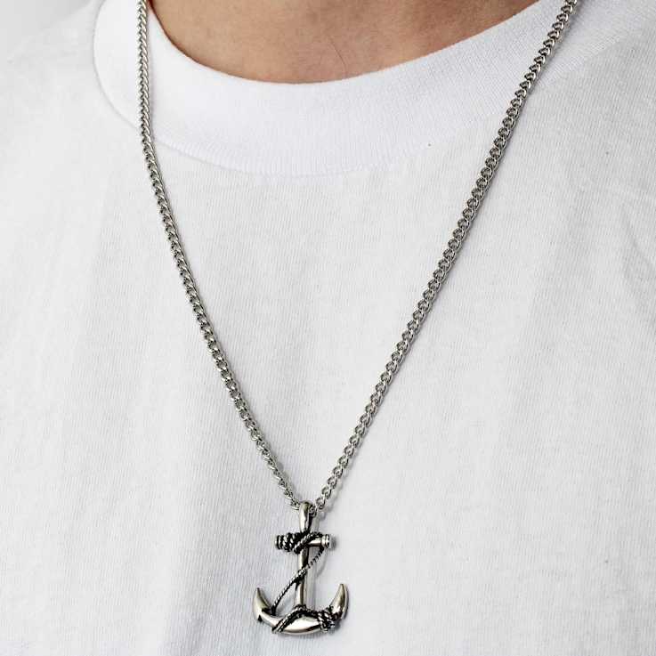 Robert Alton Men's Rope And Anchor Pendant With Chain In Stainless Steel