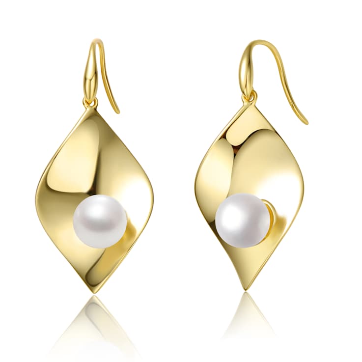 Lily Pad And Freshwater Pearl Drop Earrings In 14K Gold Over Sterling Silver