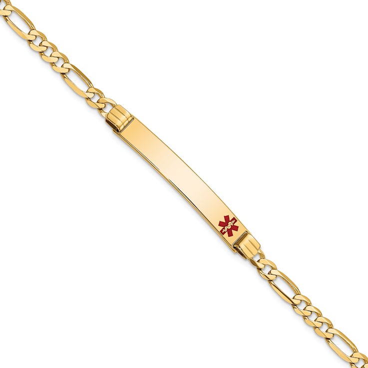 14k Yellow Gold Medical Red Enamel Figaro ID Bracelet