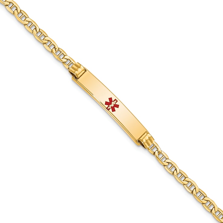14k Yellow Gold Medical Polished Red Enamel Mariner Link ID Bracelet