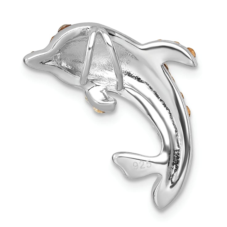 Rhodium Over Sterling Silver Polished Crystal Dolphin Chain Slide Pendant