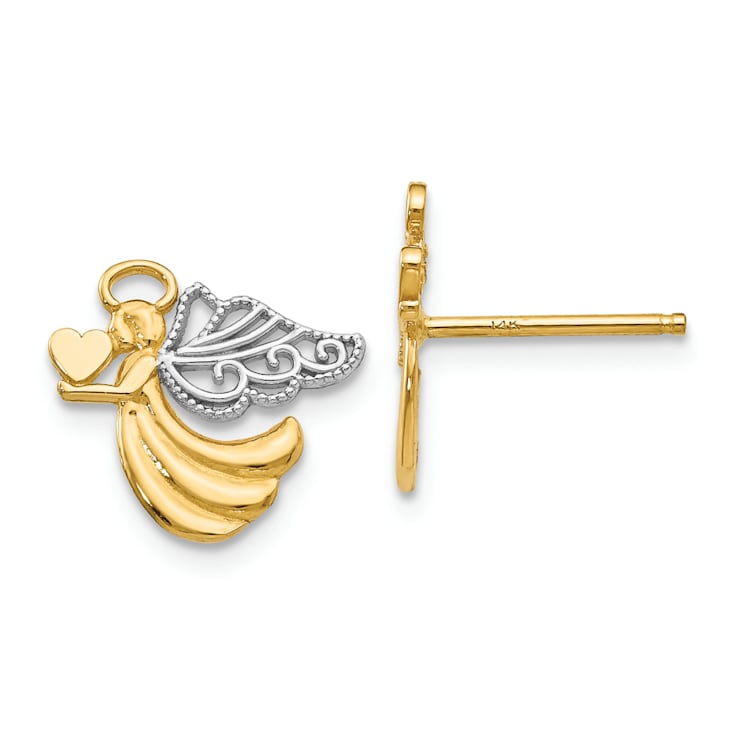 14k Yellow Gold and Rhodium Over 14k Yellow Gold Angel with Heart Stud Earrings