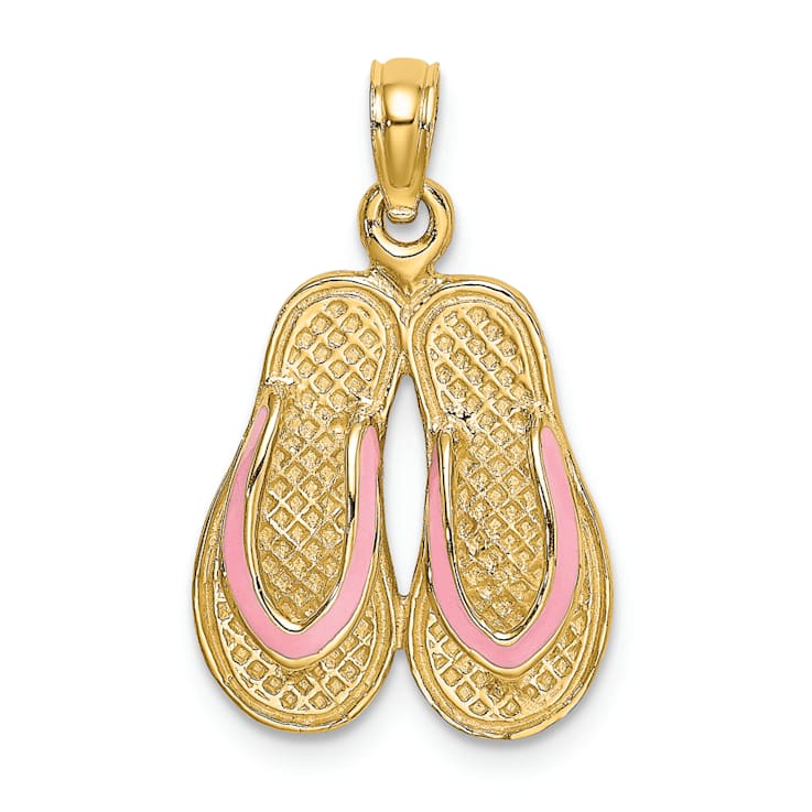 14k Yellow Gold 3D with Pink Enamel Double Flip-Flop Pendant