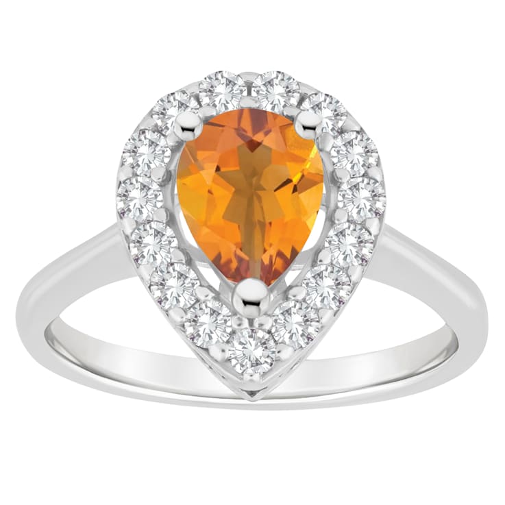 8x5mm Pear Shape Citrine And White Topaz Accents Rhodium Over Sterling
Silver Halo Ring