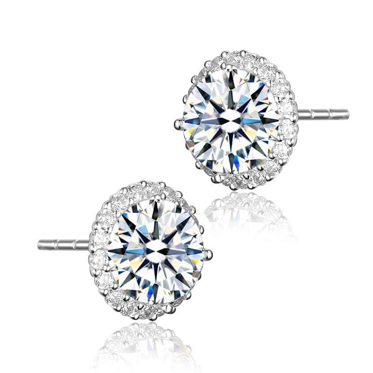 CZ Halo Stud Earrings In Sterling Silver