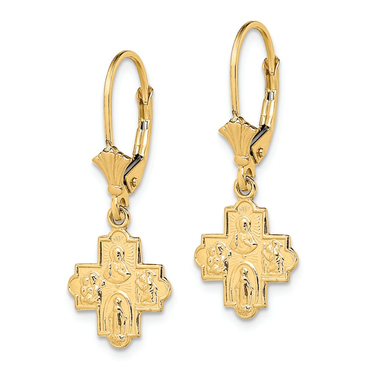 14k Yellow Gold Textured Small 4-Way Medal Cross Dangle Earrings