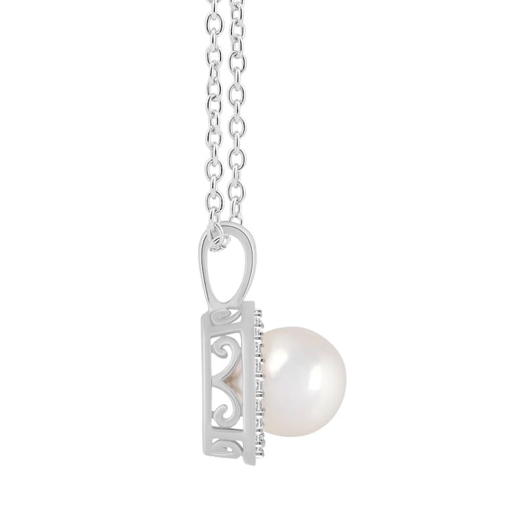 7mm Cultured Freshwater Pearl 1/8 ctw Diamond Rhodium Over Sterling
Silver Halo Pendant with Chain