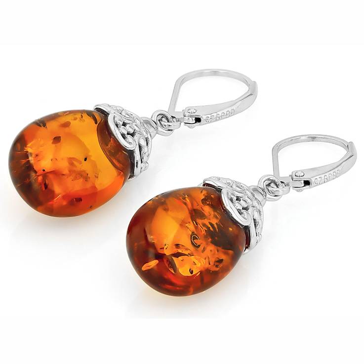 Amber Sterling Silver Dangle Earrings 17x11mm