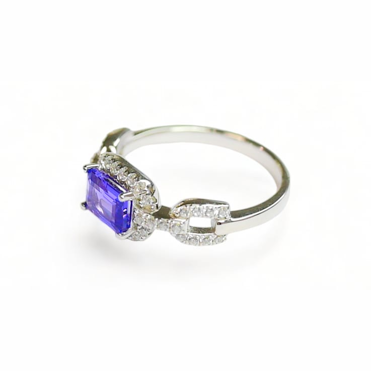 7x5mm Cushion Tanzanite and White CZ Rhodium Over Sterling Silver Ring, 0.86ctw