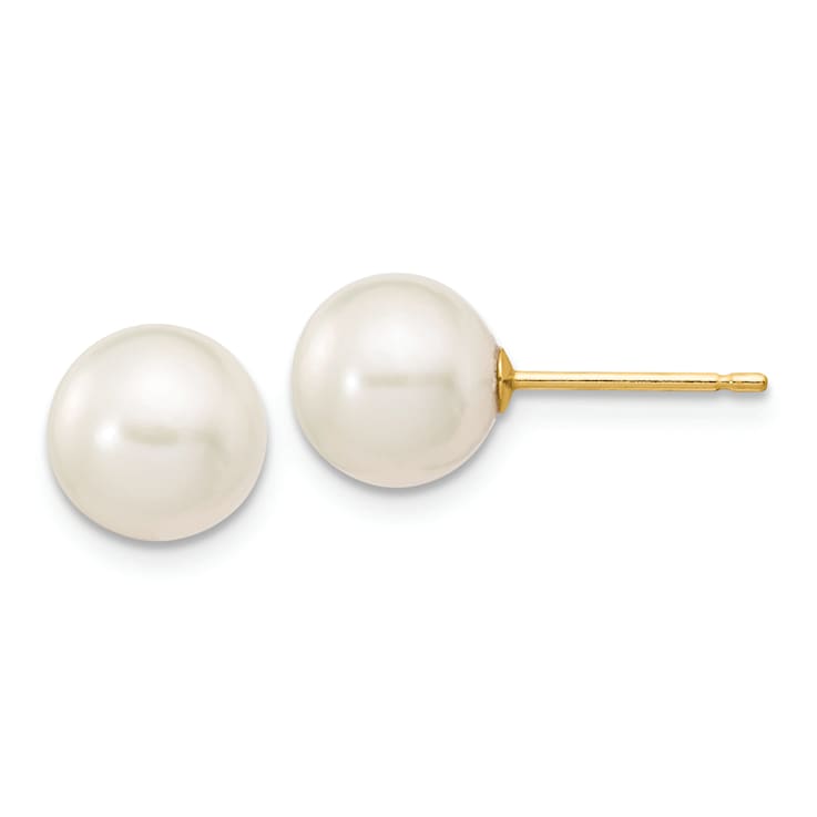 14K Yellow Gold 7-8mm White Round Freshwater Cultured Pearl Stud Post Earrings