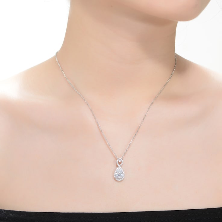 Pear Shape CZ Halo Pendant Necklace In Sterling Silver