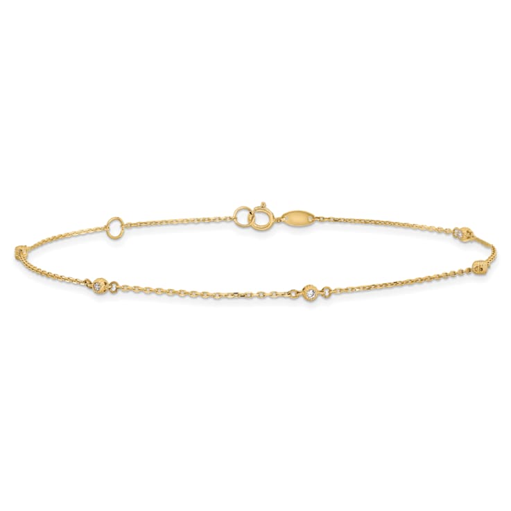 14K Yellow Gold Polished CZ Station 9-inch Plus 1-inch Extension Anklet