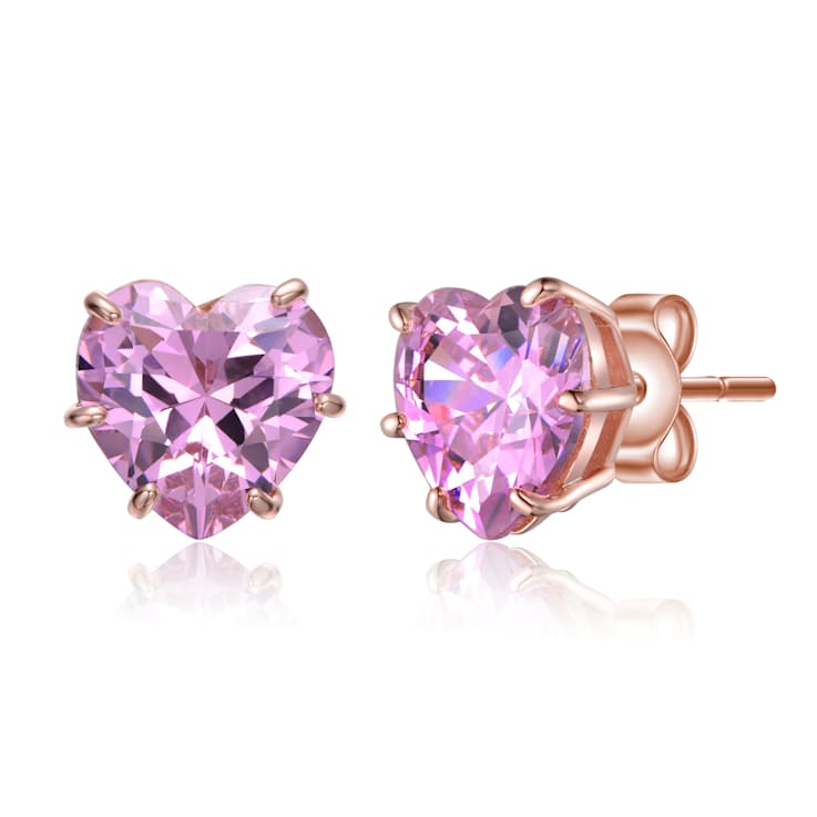 Pink CZ Heart Shape Stud Earrings In 18K Rose Gold Over Brass