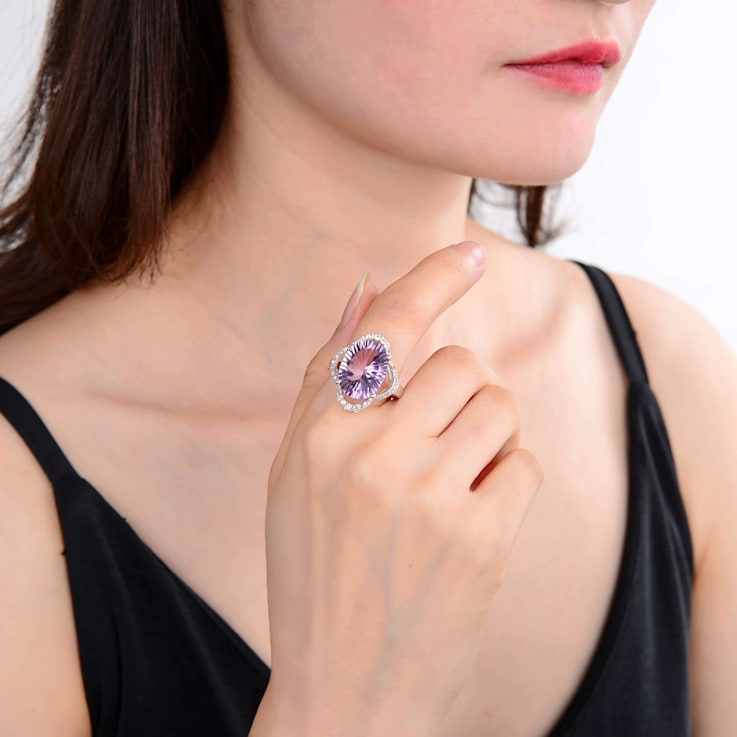 Concave Cut Oval Amethyst with White Topaz Accents Sterling Silver Ring, 8.26ctw
