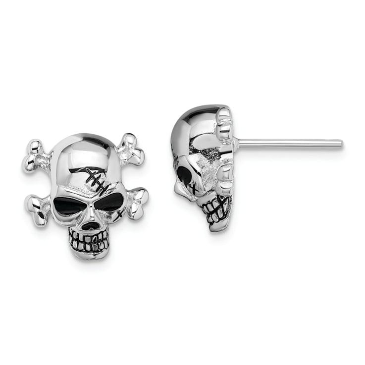 Rhodium Over Sterling Silver Antiqued Enameled Skull Post Earrings