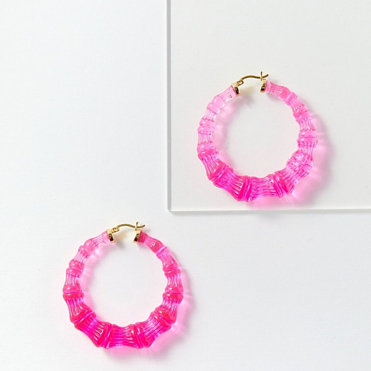 14K Yellow Gold Over Sterling Silver Bamboo Acrylic Hoops in Electric Pink