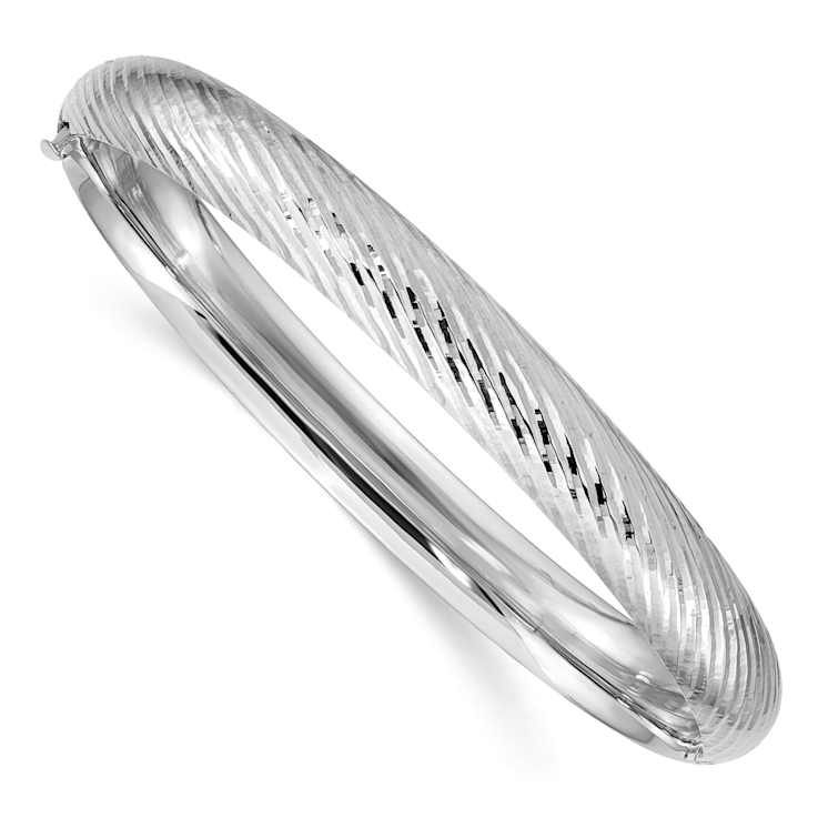 Rhodium Over 14k White Gold 8mm Textured and Diamond-Cut Hinged Bangle