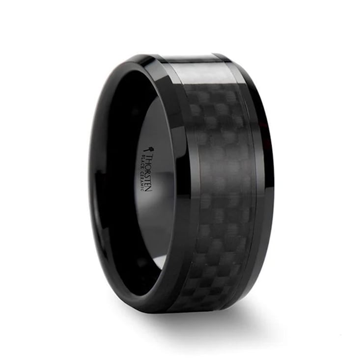 ONYX Black Carbon Fiber Inlaid Black Ceramic Wedding Band 10mm