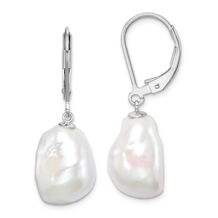 Rhodium Over Sterling Silver 11-12mm Keshi Pearl Leverback Dangle Earrings