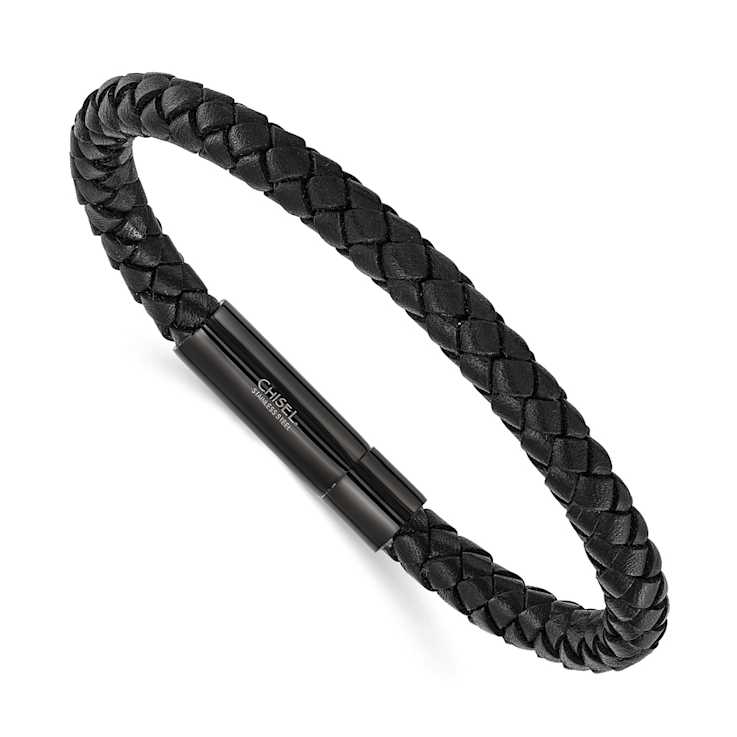 Stainless Steel Polished Black Ion Plated Black Leather 8.25-inch Bracelet