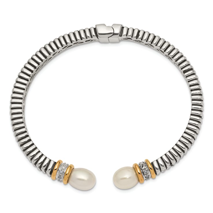 Sterling Silver with 14K Gold Over Sterling Silver Oxidized Freshwater
Cultured Pearl/Diamond Cuff