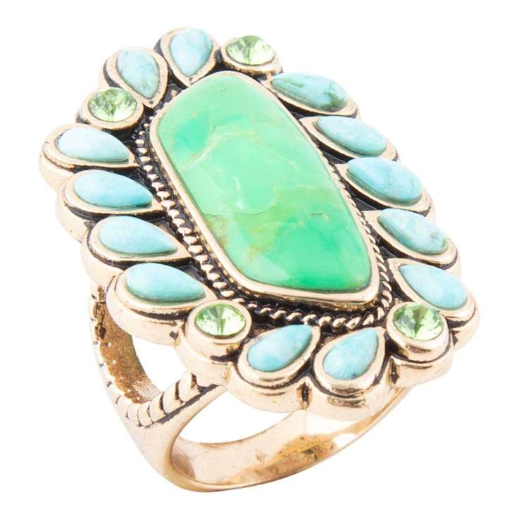 Barse Jewelry Legacy Lime Green and Blue Composite Turquoise Gold Tone
Statement Ring