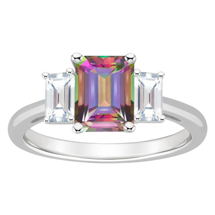 8x6mm Emerald Cut Mystic Topaz And White Topaz Rhodium Over Sterling
Silver 3-Stone Ring