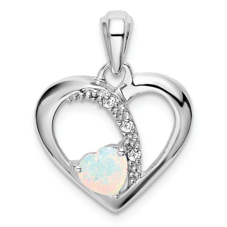 Rhodium Over 14k White Gold Lab Created Opal and Diamond Heart Pendant