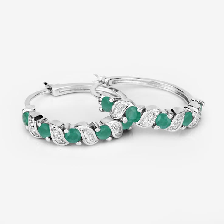 Green Emerald and White Topaz Sterling Silver Hoop Earrings