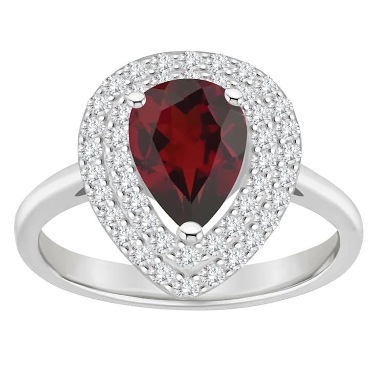 8x5mm Pear Shape Garnet And White Topaz Accents Rhodium Over Sterling
Silver Double Halo Ring