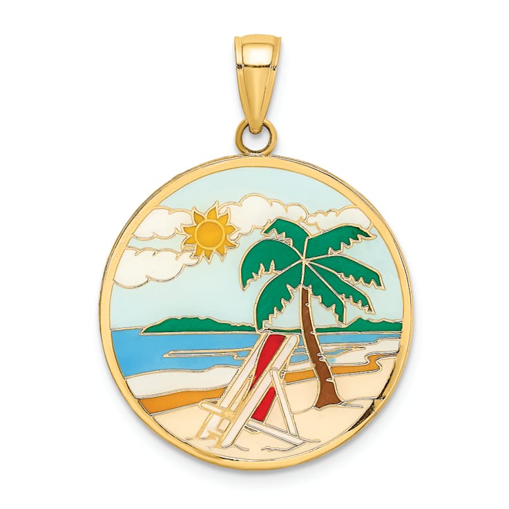 14k Yellow Gold Enamel Beach Scene on Round Disc Charm