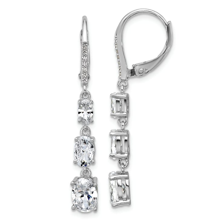 Rhodium Over Sterling Silver Oval Cubic Zirconia Leverback Dangle Earrings