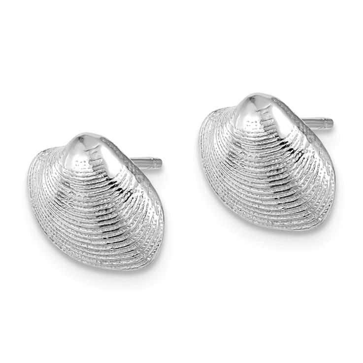 Rhodium Over 14K White Gold Textured Clam Shell Stud Earrings