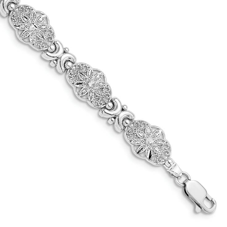 Rhodium Over 14k White Gold Textured Fancy Floral Link Bracelet