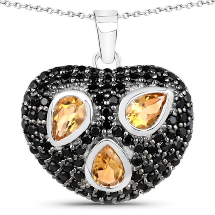 Yellow Citrine Black Spinel Rhodium Over Sterling Silver Cluster Heart
Necklace 3.19ctw