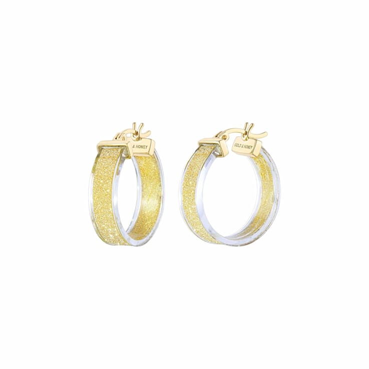 14K Yellow Gold Over Sterling Silver Wide Gold Color Glitter Clear
Acrylic Hoops
