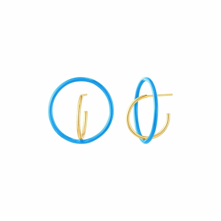 14K Yellow Gold Over Sterling Silver Floating Enamel Hoop Earrings in Teal
