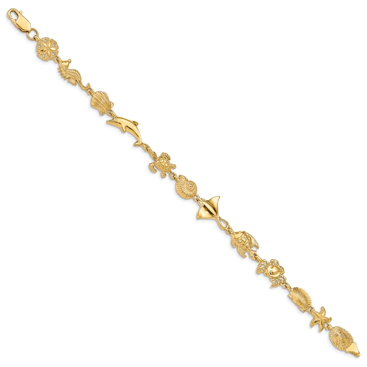 14k Yellow Gold Textured Sea Life Link Bracelet
